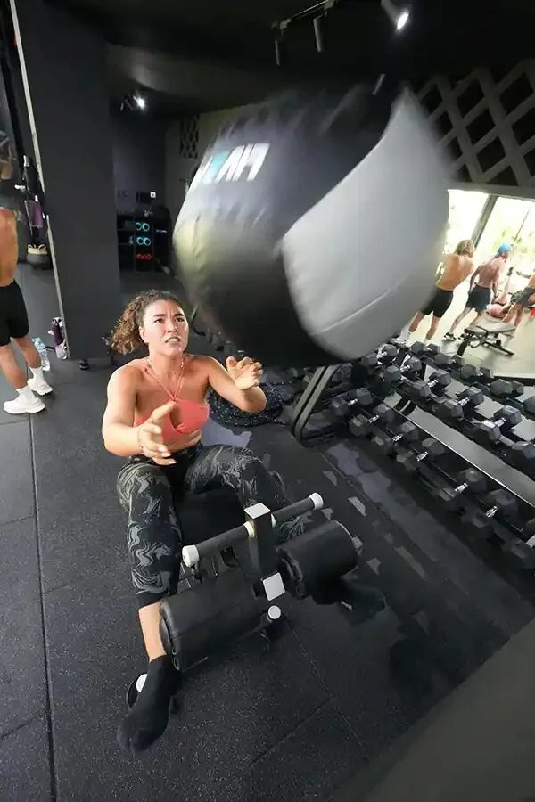 A medicine ball workout in the gym at SYB's Bali retreat, seen from above