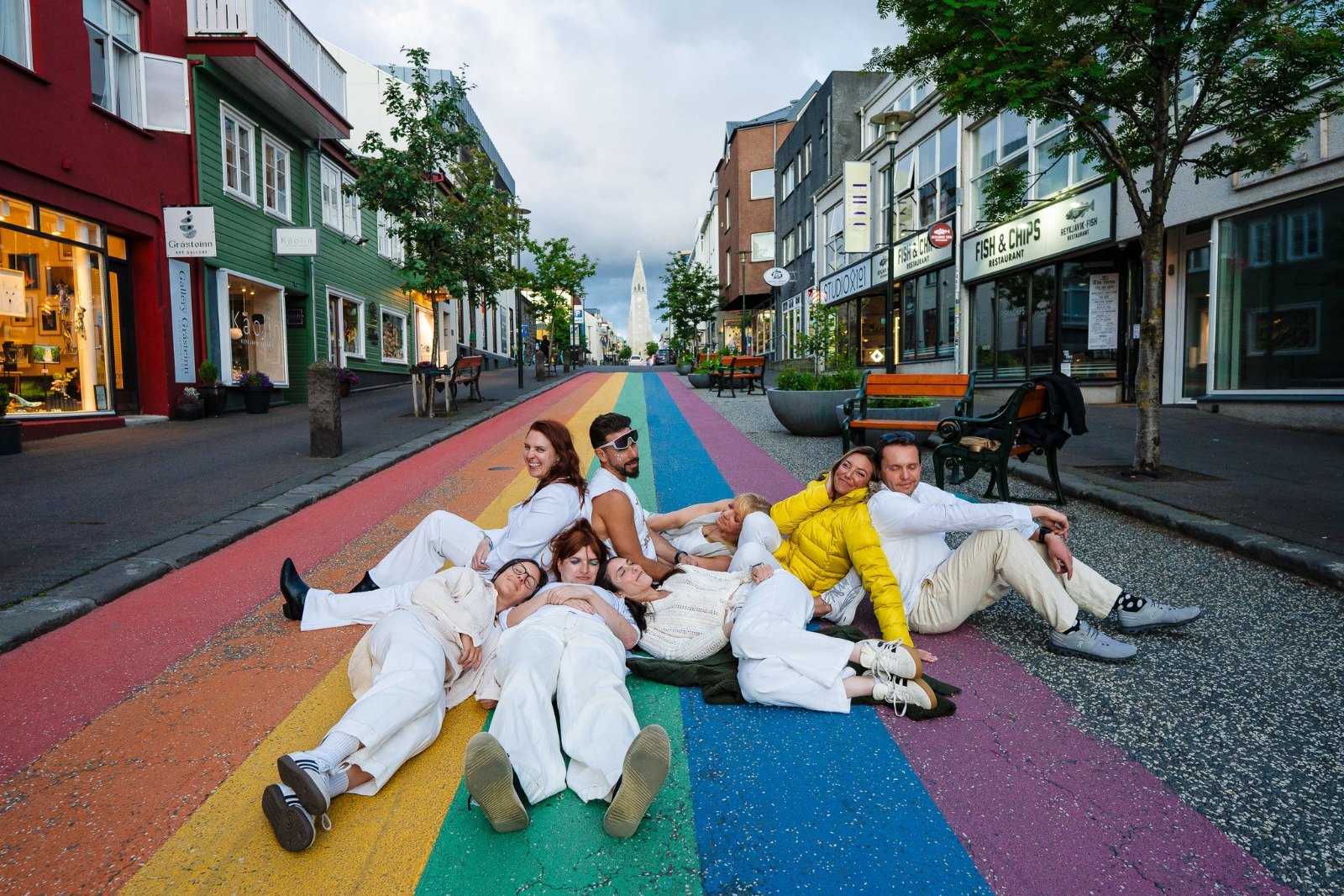 The SurfYogaBeer crew on the rainbow street in Reykjavik