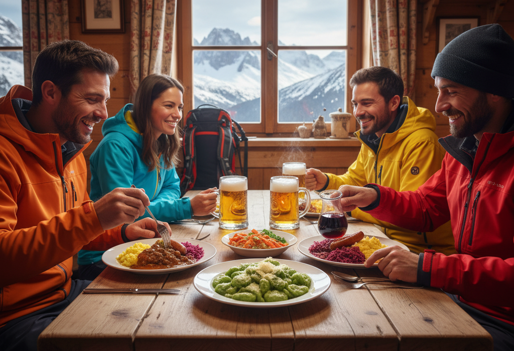 skiers tasting local dishes in a mountain hut