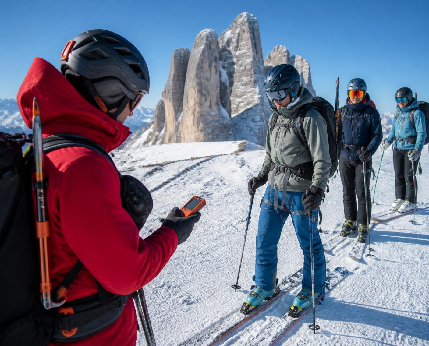 Mountain guide checking an avalanche beacon with ski tourers in the Dolomites