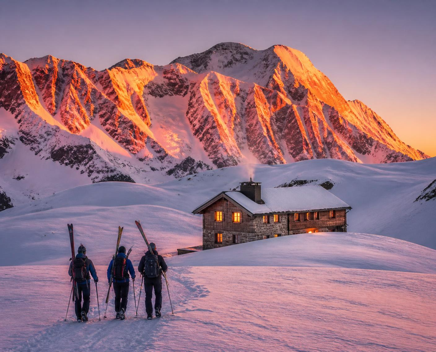 Ski tourers arriving at a stone mountain hut at sunset in the Dolomites