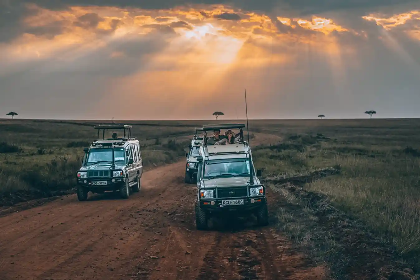 SurfYogaBeer safari jeeps at sunset in the Masai Mara, Kenya