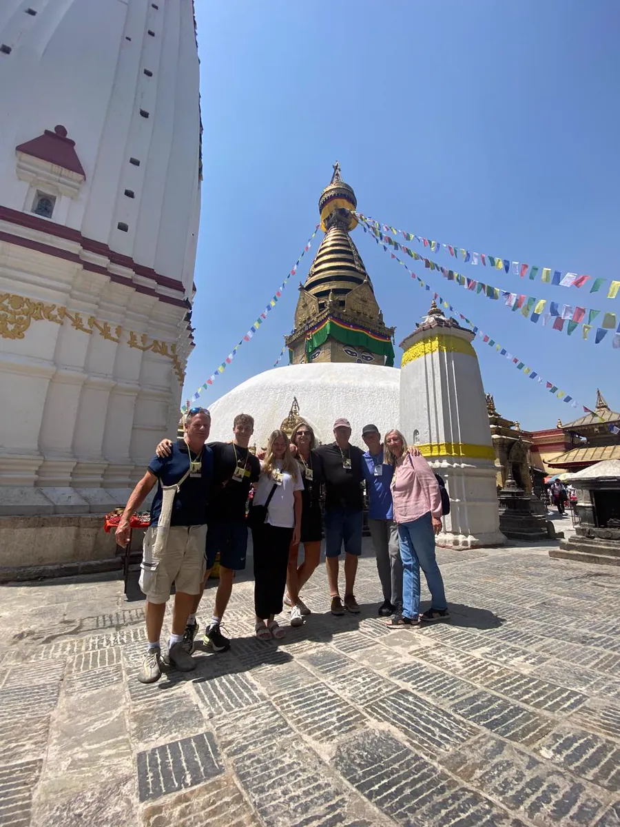 Hardest Adventures group at the Swayambhunath temple in Kathmandu before the Everest Base Camp trek.