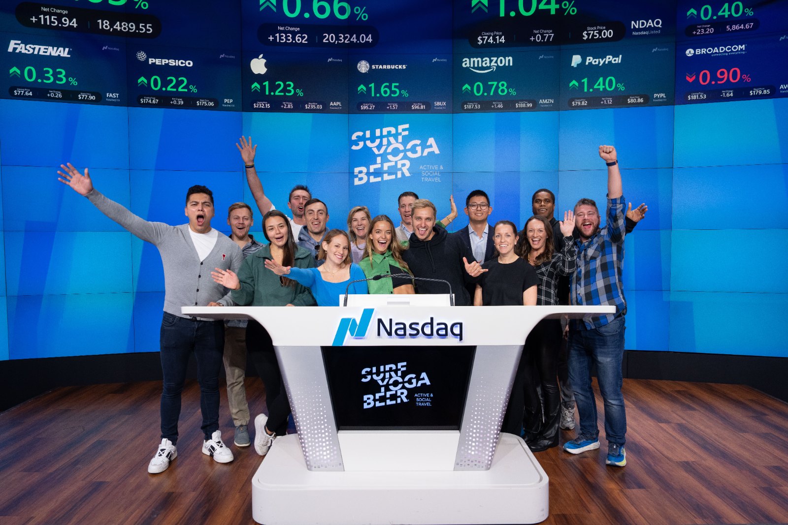 The SurfYogaBeer crew at the Nasdaq MarketSite in Times Square