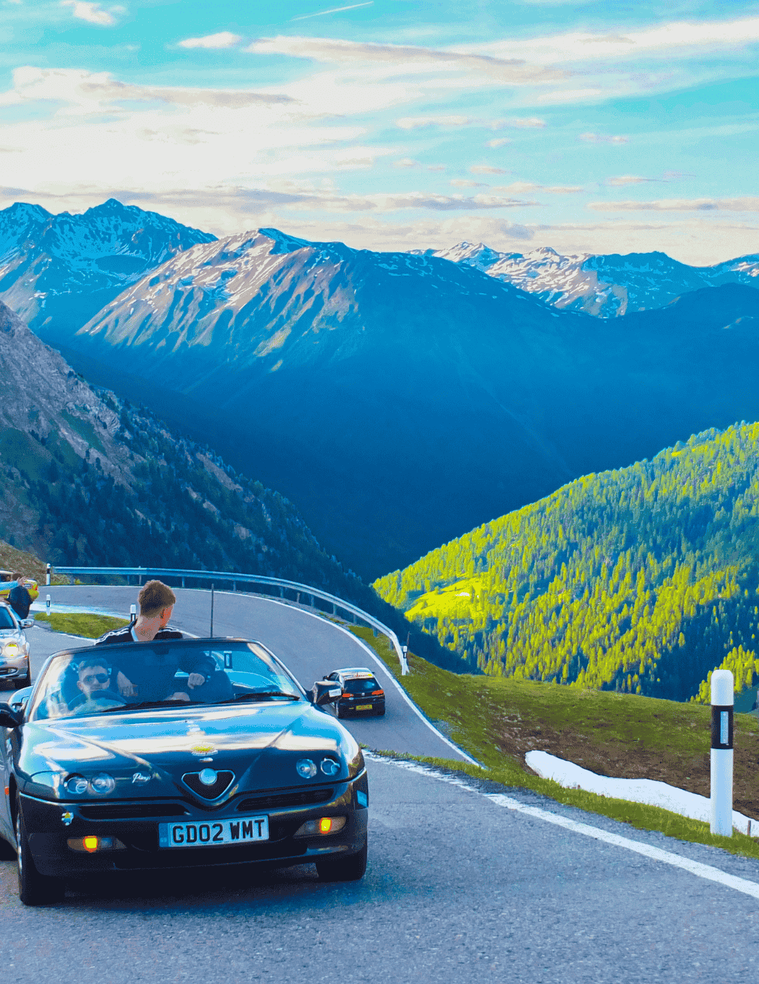 Cars driving through the infamous Stelvio pass as part of the Hardest Adventures outdoor charity challenge known as Dash to Dubrovnik.