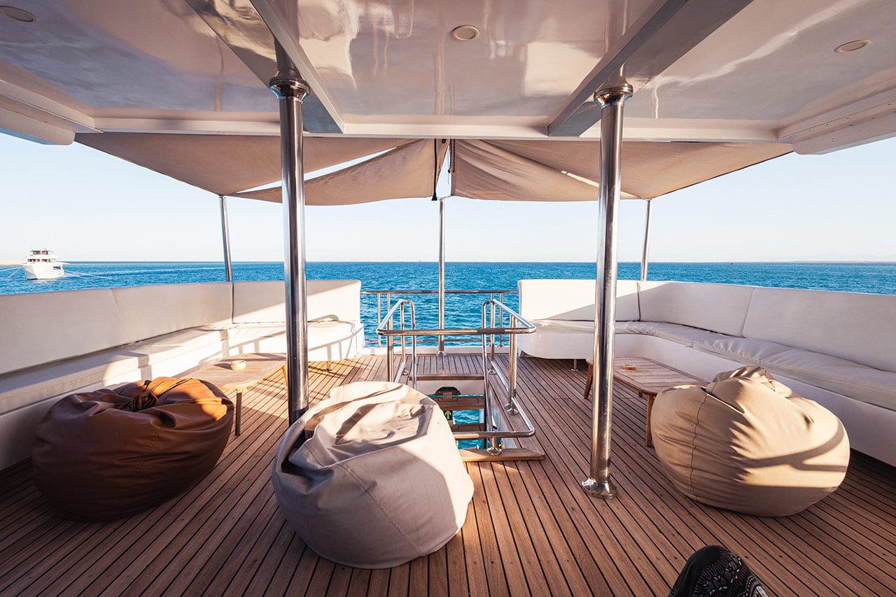 The shaded main deck chill area
