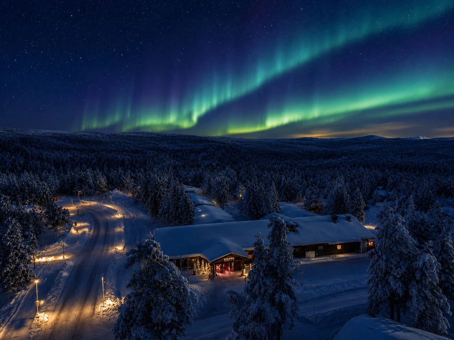 Northern lights over Wilderness Hotel Kieppi