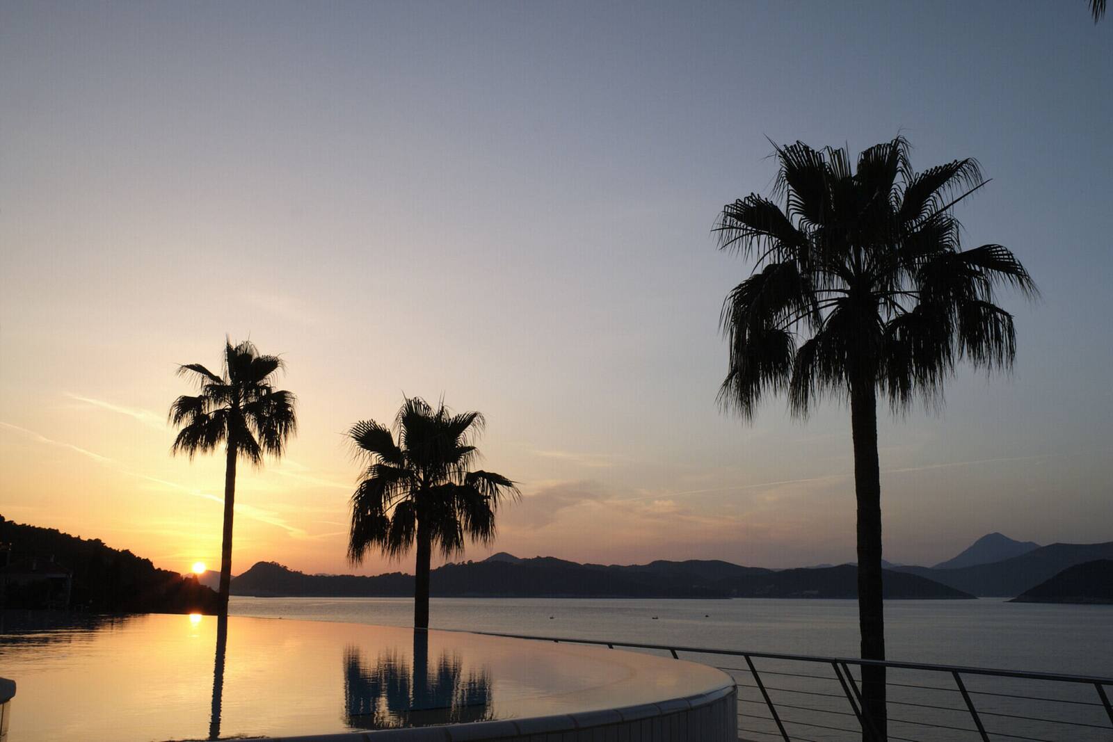 The pool terrace at sunset
