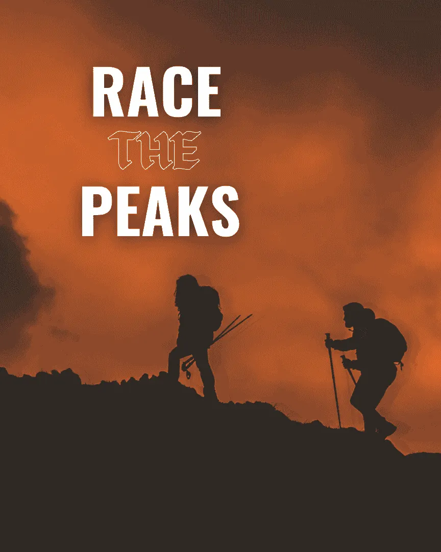 Two hikers on a ridge under an orange sky, from the Race the Peaks film