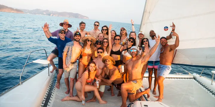Big group photo on the deck of the catamaran on the SYB Nicaragua Surf Camp trip