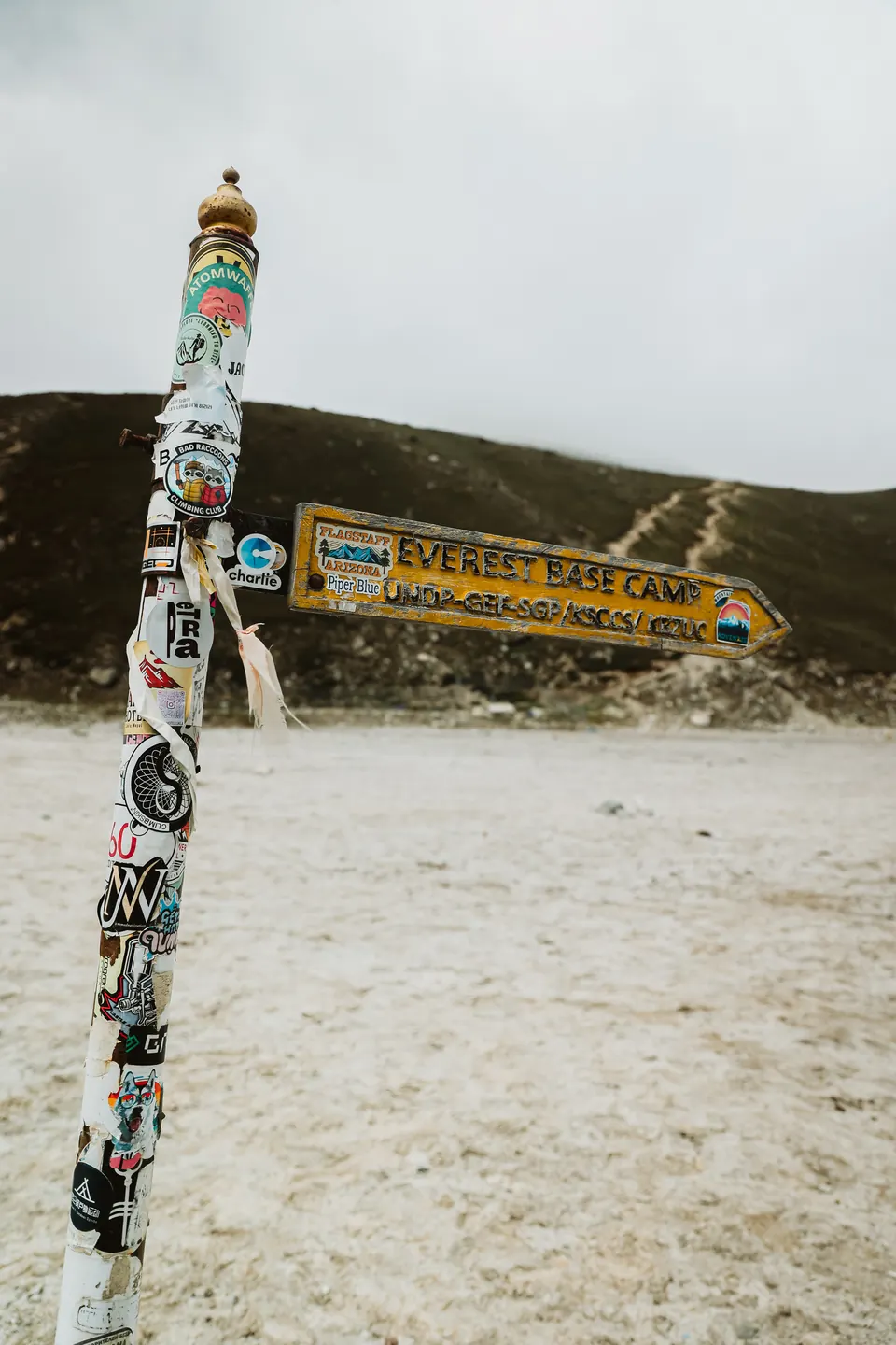 The Everest Base Camp signpost covered in stickers