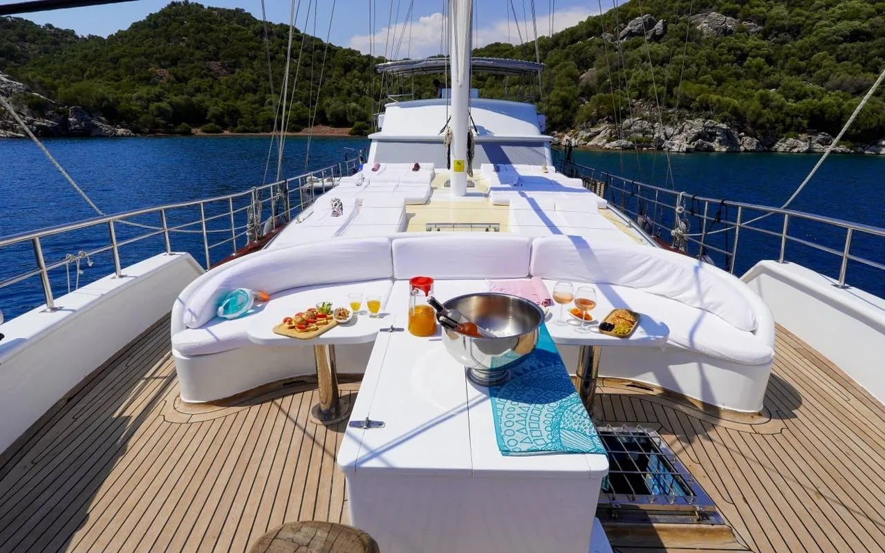 The lounge on the bow, set up with snacks