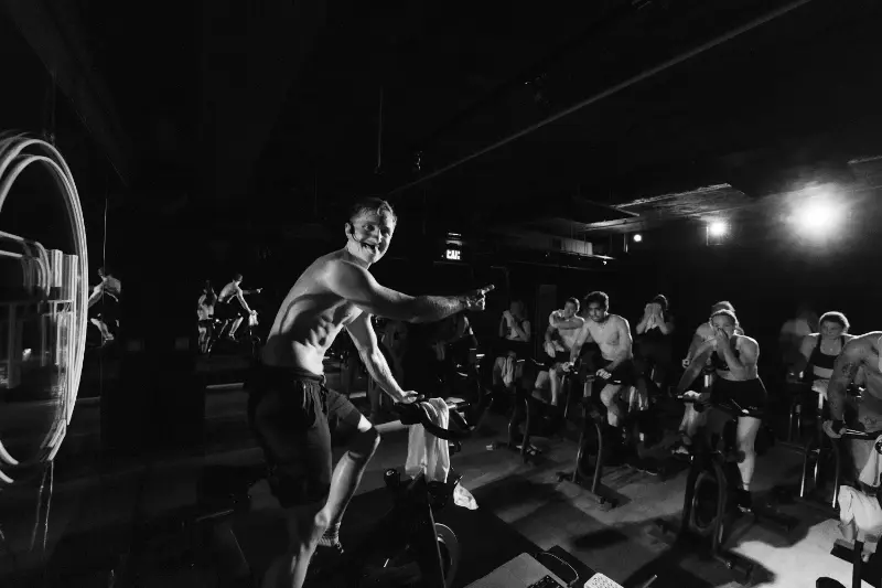 Black and white shot of the cycling class
