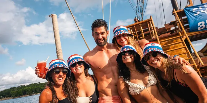 Five friends in matching checkered bucket hats on the boat on the SYB Croatia trip