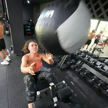 Catching a medicine ball mid air in the gym on the SYB Bali trip