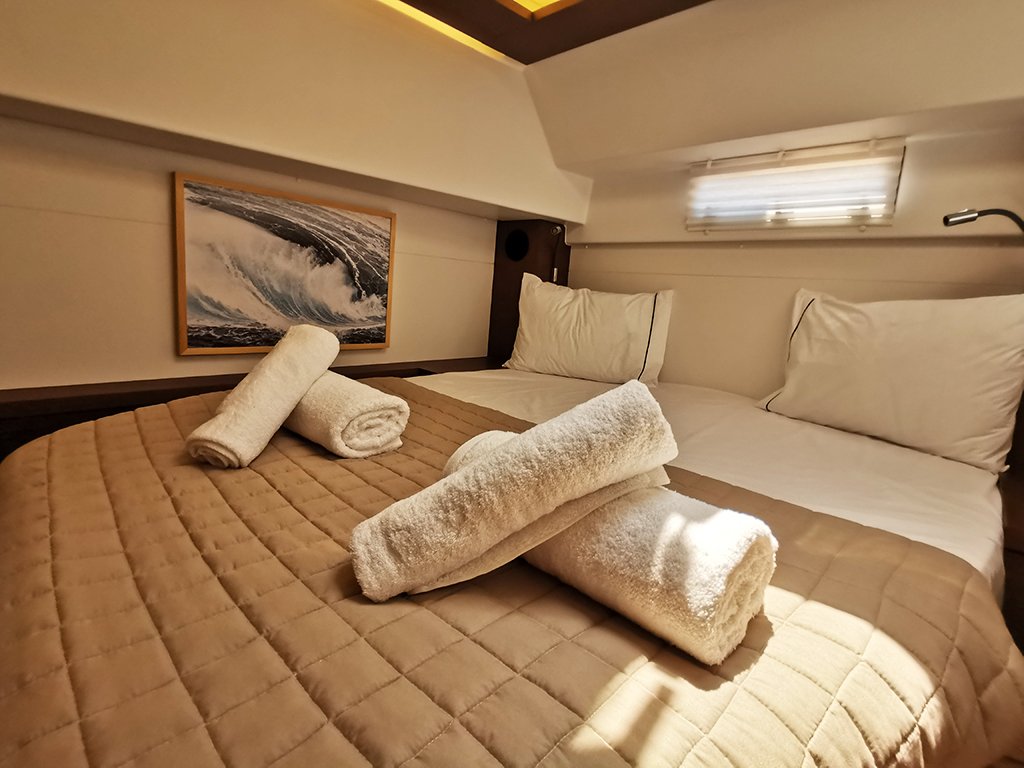 A guest cabin with a double bed
