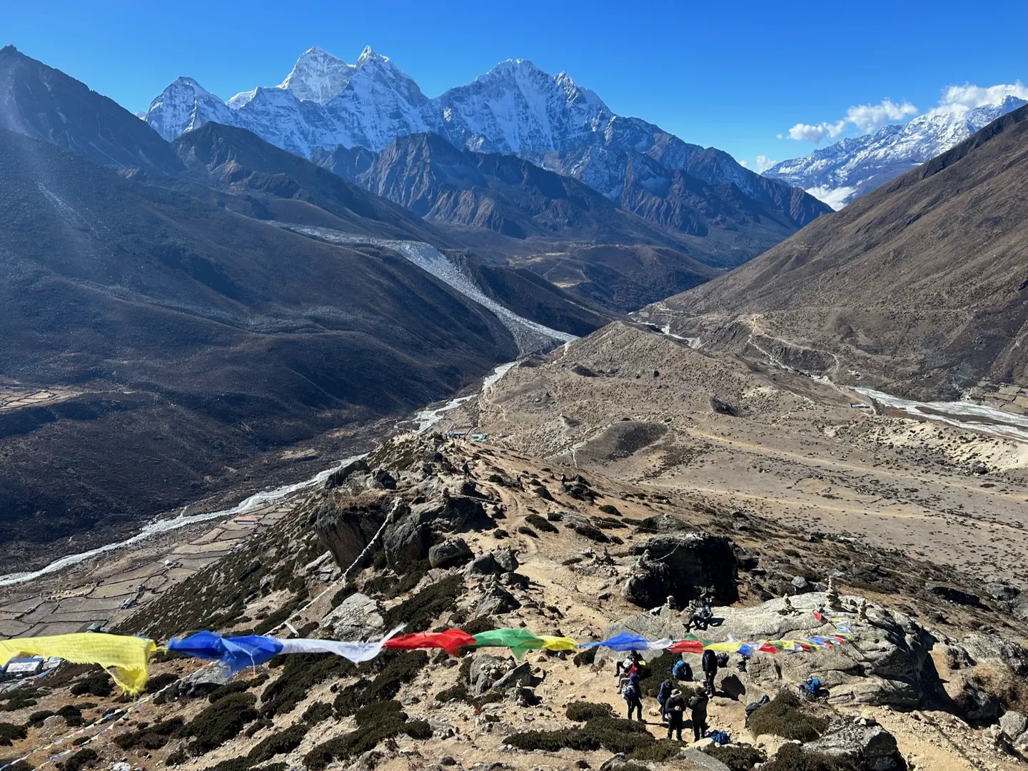Prayer flags and memorials at Thukla Pass on the trail to Everest Base Camp with Hardest Adventures.
