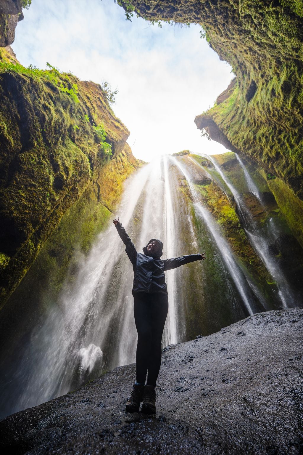 Standing inside the Gljufrabui waterfall cavern in Iceland