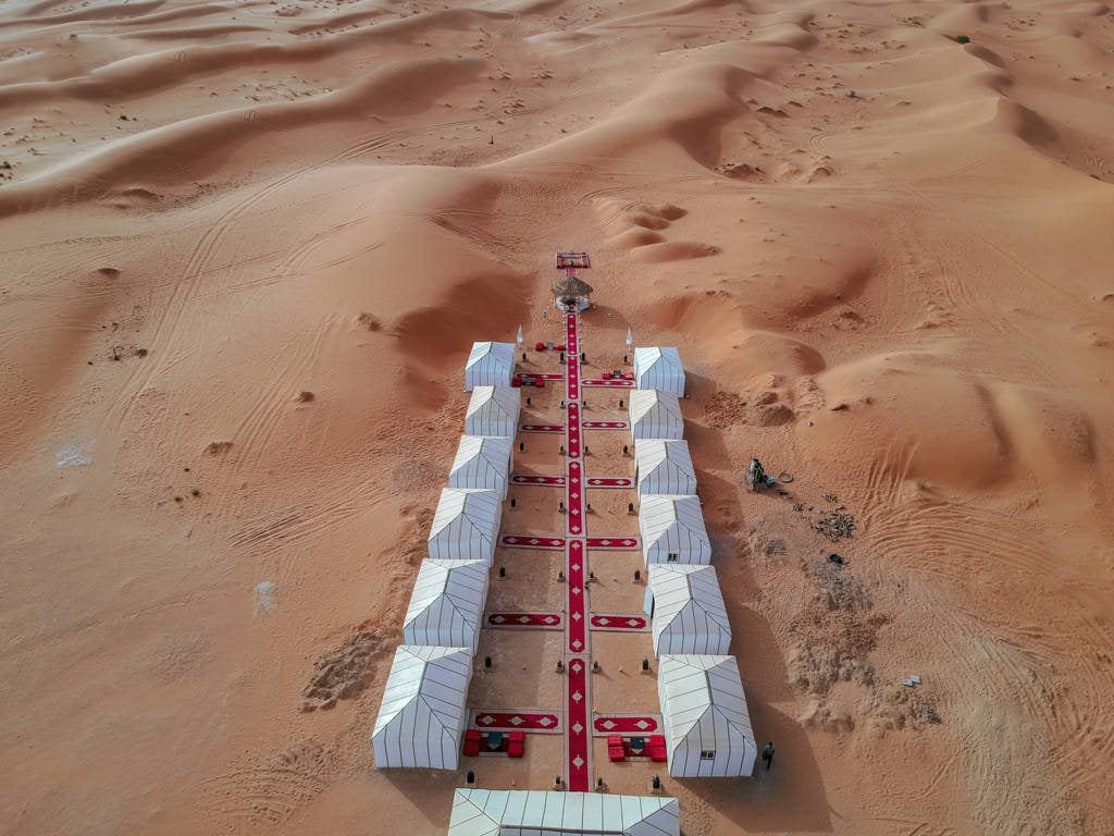Aerial view of the tents at Sahara Desert Luxury Camp in the Erg Chebbi dunes