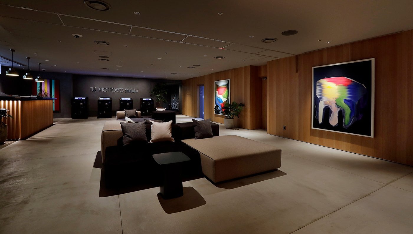 The art-filled lobby at THE KNOT TOKYO Shinjuku