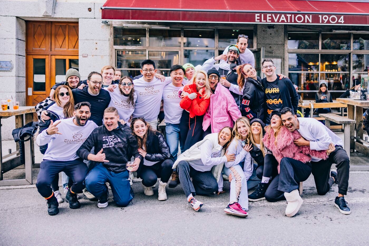 An SYB crew posing outside a bar in Chamonix town