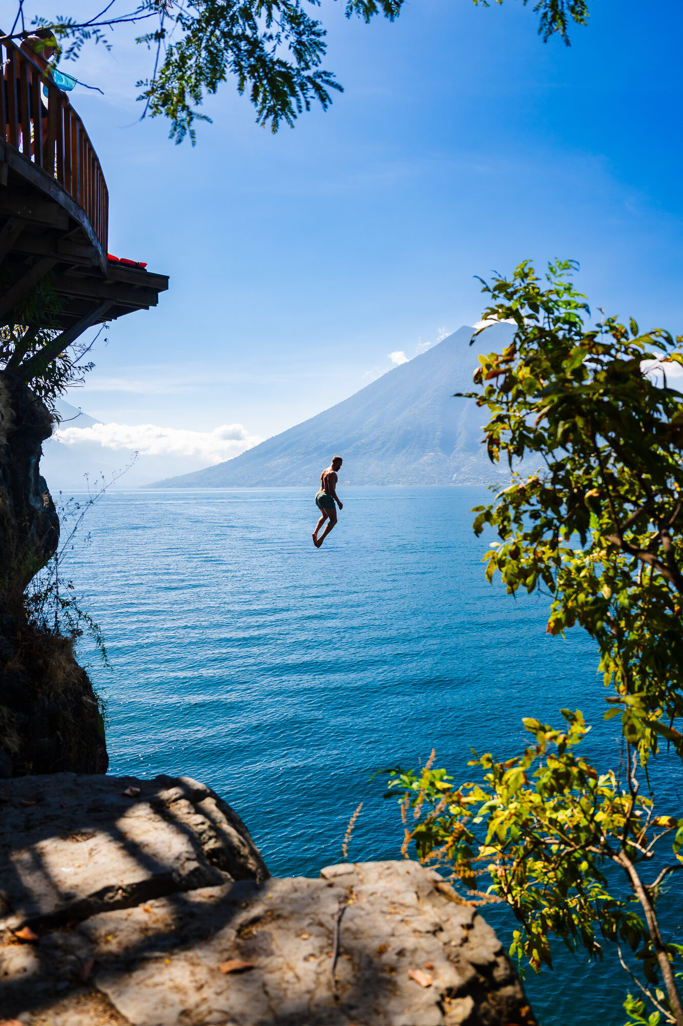 Cliff jumping into Lake Atitlan in Guatemala