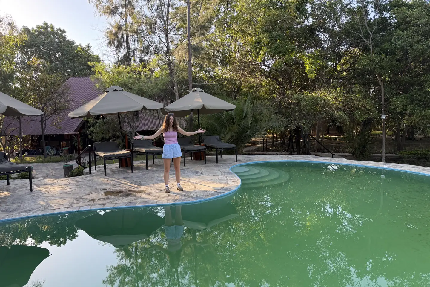 The pool at the Hardest Adventures hotel in Moshi, below Kilimanjaro.