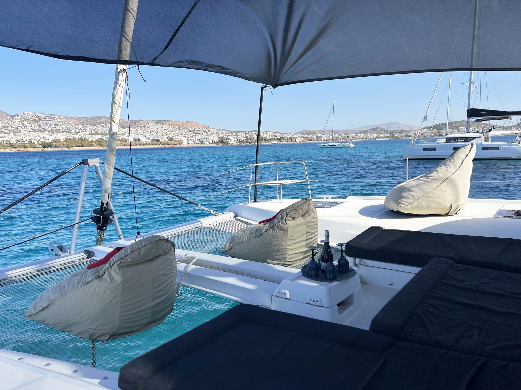Cushions on the foredeck, where you can sleep under the stars