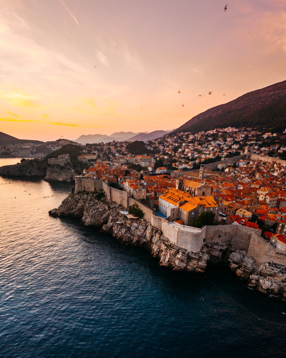 Aerial view of Dubrovnik old town at sunset