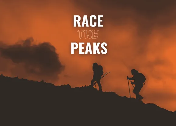 Two hikers in a dark orange and black background climbing a mountain, with the words 'Race the Peaks' printed in the centre of the image.
