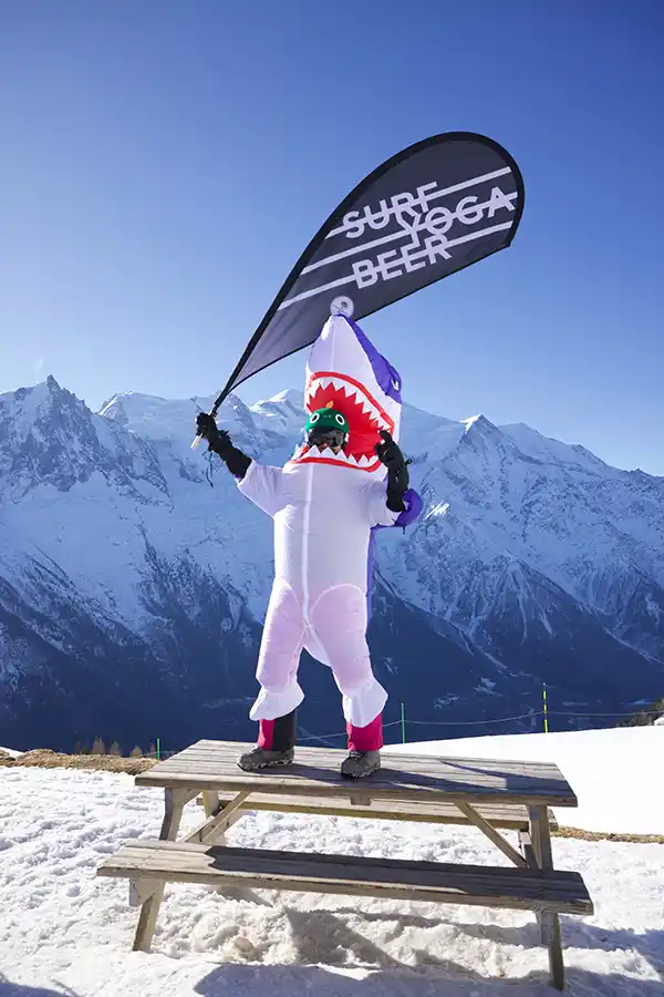 SurfYogaBeer guest in costume on the mountain in Chamonix