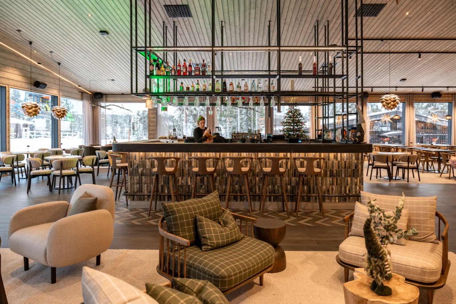 The wood lined bar and lounge