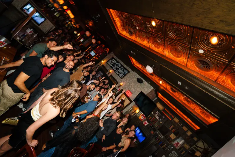 Overhead view of the packed bar