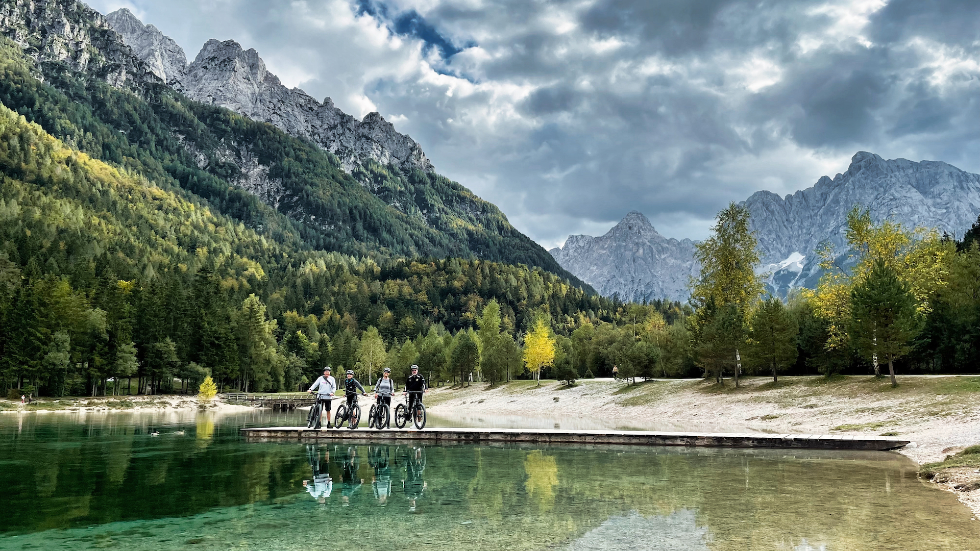 Group of bikers at Lake Jasna, Kranjska Gora