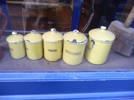 Antique grain jars at La Fournée d'Augustine, a bakery in the Batignolles neighborhood, in the 17th Arrondissement of Paris