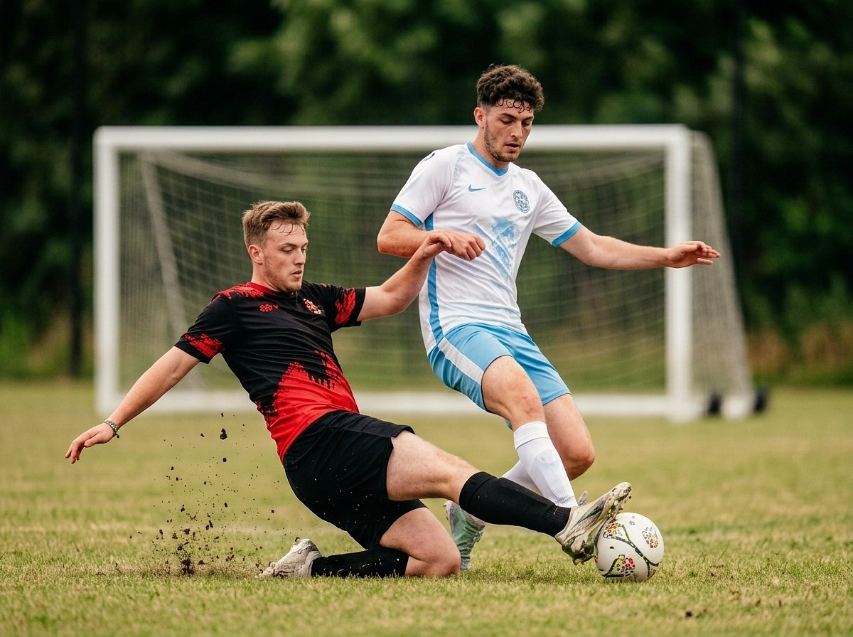 Two men's university football players battle for the ball during a 6-a-side men's football tournament at Bournemouth 7s Festival, in Dorset