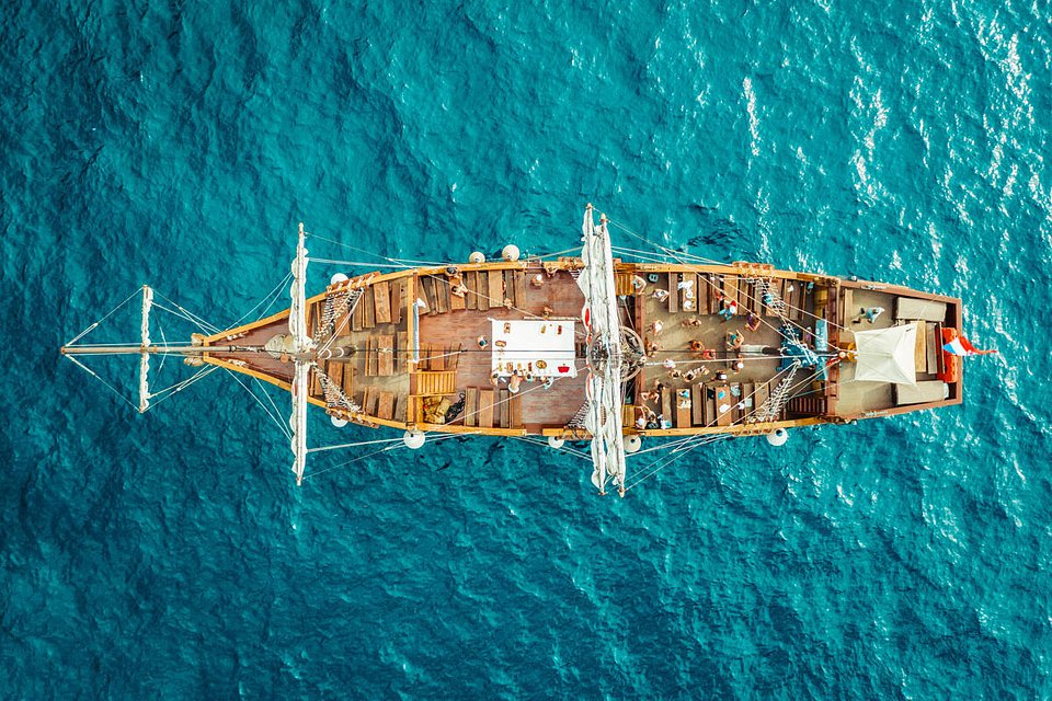 The wooden pirate ship seen from above in turquoise water
