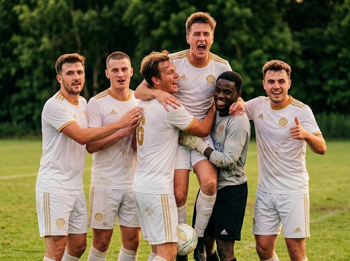 Men's University football team celebrate at a 6-a-side tournament at Bournemouth 7s Festival, in Dorset.