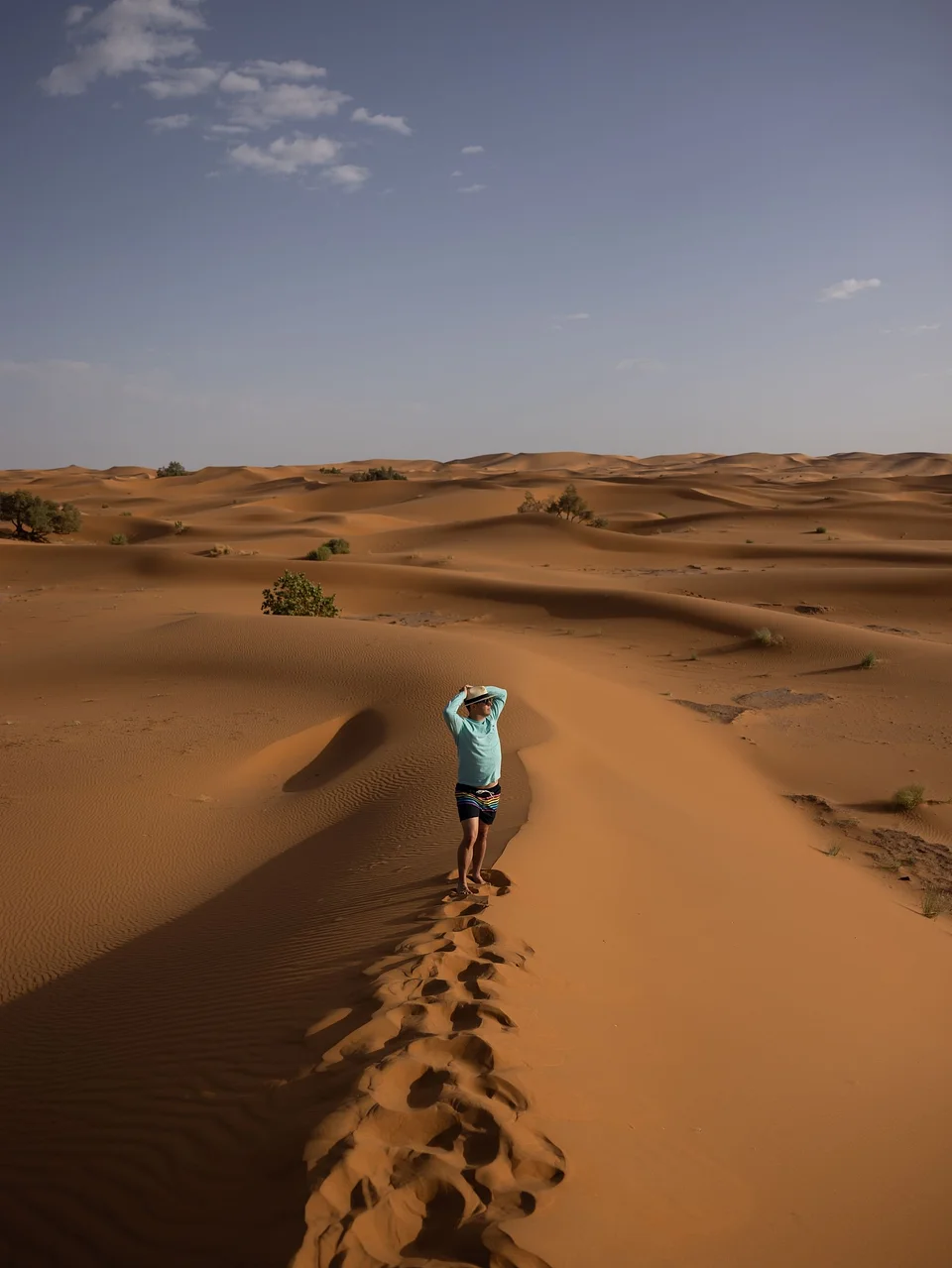 A traveler walking along the ridge of a tall sand dune in the Sahara