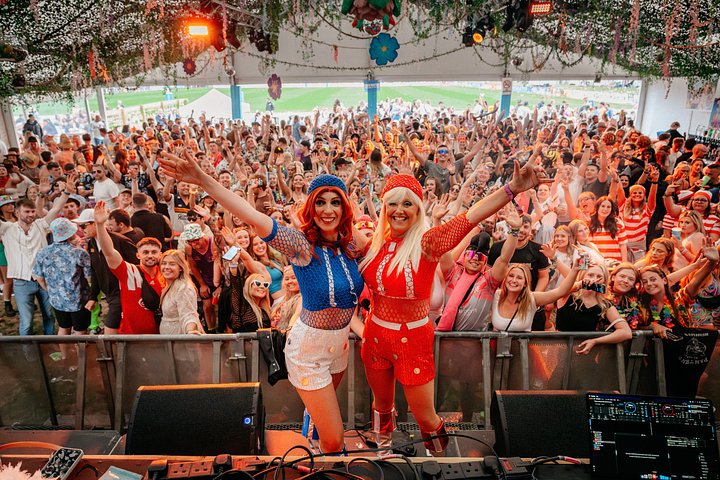 Abba's Angels in VIP arena at Bournemouth 7s Festival, in Dorset England.