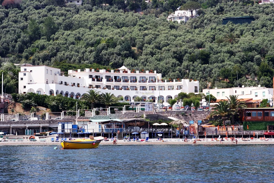 The resort at Marina del Cantone seen from the sea