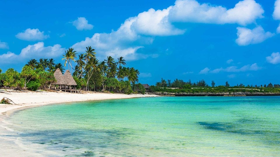 A white-sand beach and turquoise water on Zanzibar