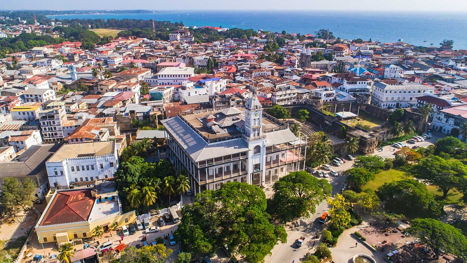 Stone Town from above, the sea behind