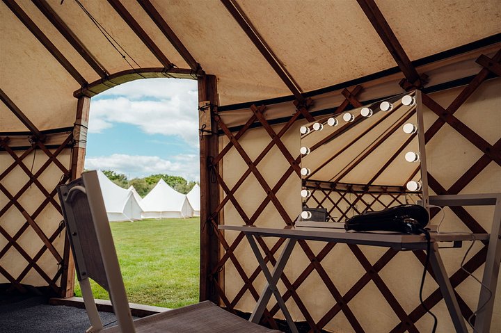 Luxury vanity area with mirrors, hair dryers within the glamping glampsite area at Bournemouth 7s Festival, in Dorset England.