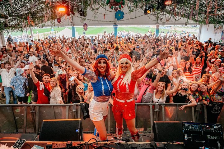Abba's Angels in VIP arena at Bournemouth 7s Festival, in Dorset England.