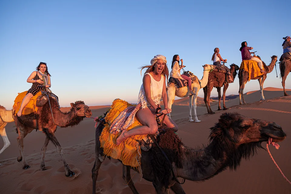 Two travelers laughing on camels at dusk in the Sahara