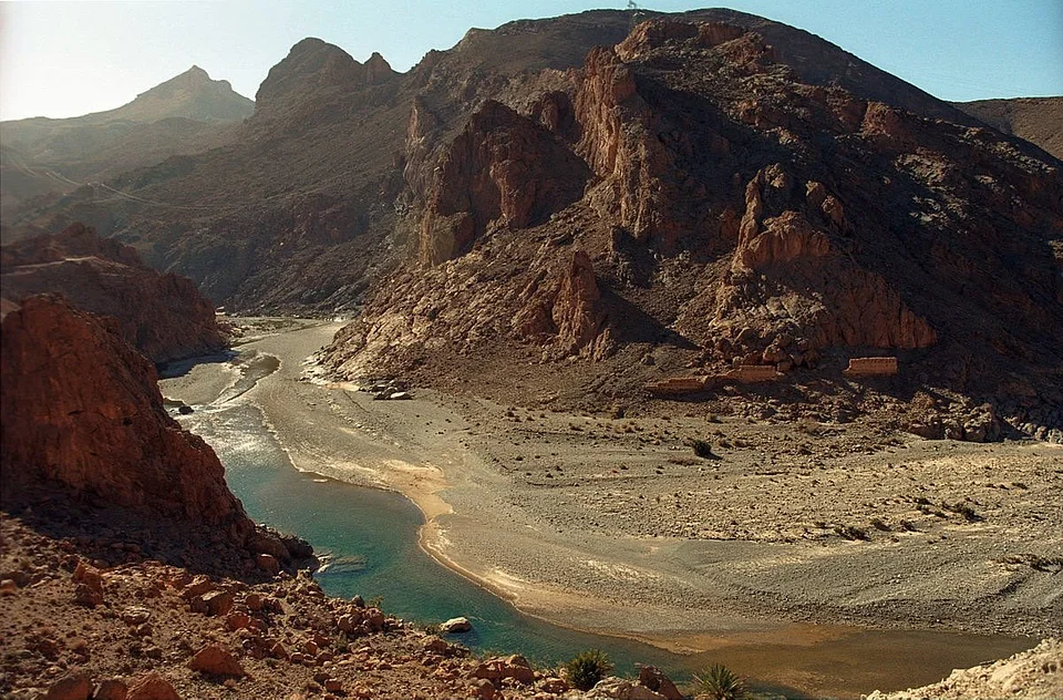 A river winding through the palms of the Ziz Valley canyon