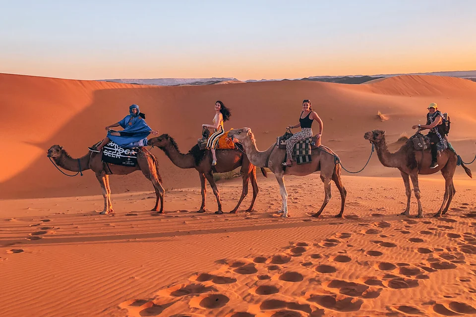 A camel caravan crossing red sand dunes