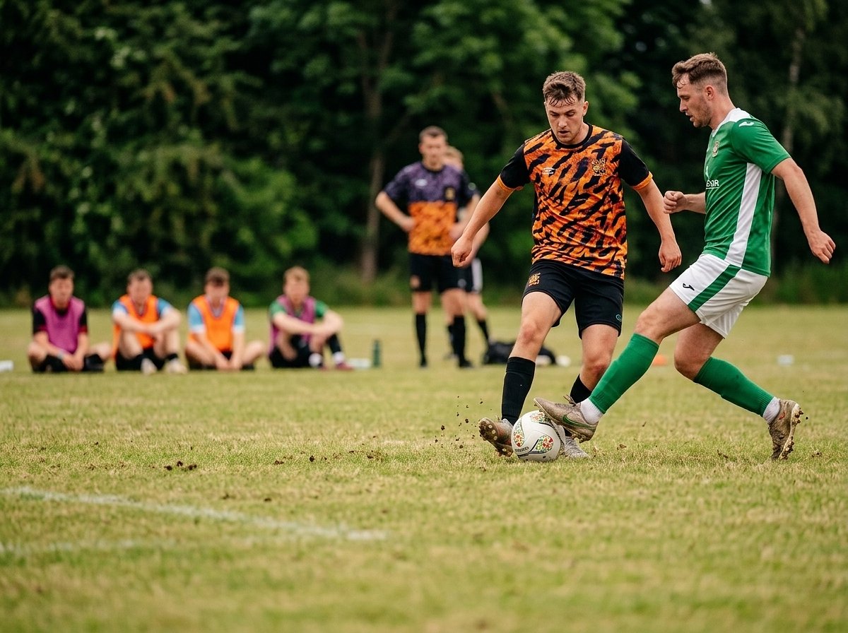 Two men's university football players compete in a 6-a-side tournament at Bournemouth 7s Festival, in Dorset.