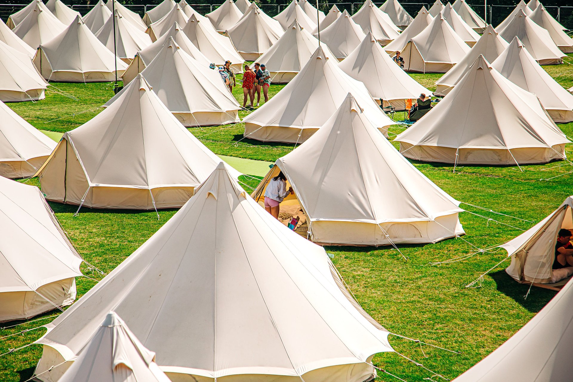 Aerial view of the glamping site with multiple bell tents at Bournemouth 7s festival